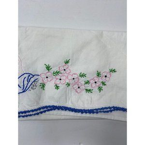 Vintage Embroidered Pillowcase Praying Hands Pink Flowers 20" X 29" Cotton